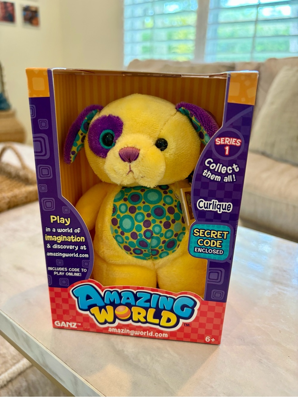 GANZ Yellow Plush Dog with Purple and Teal Accents
